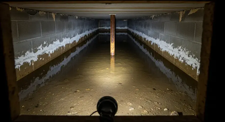 Standing water across a crawl space floor under a Redmond home, lit by a work light