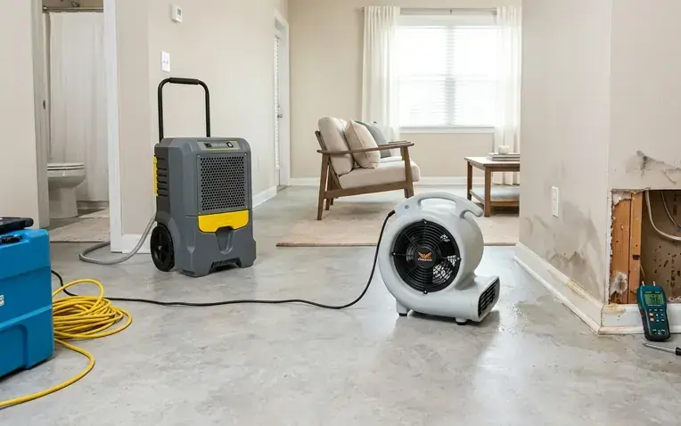 LGR dehumidifier and air mover drying a Redmond living room after a leak