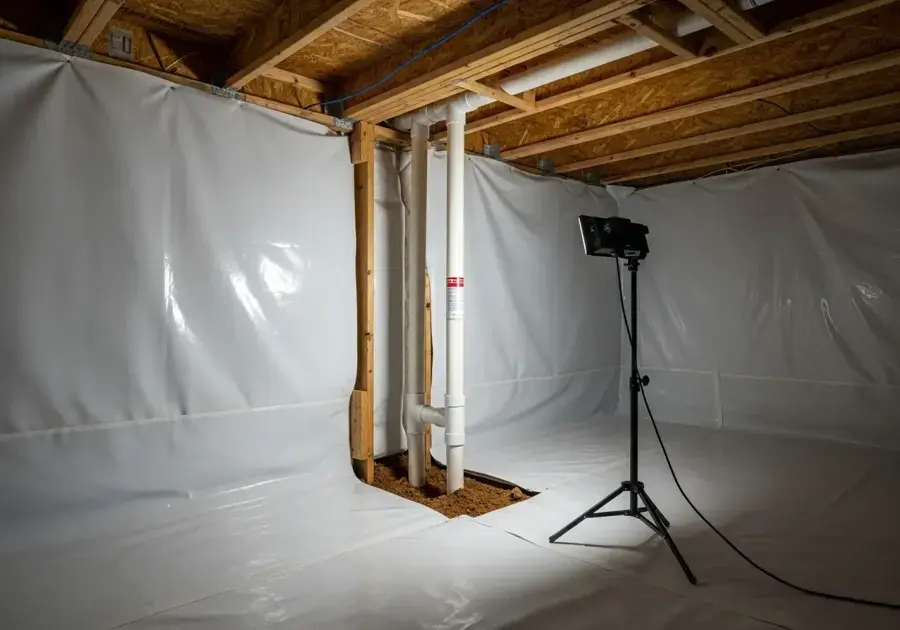 Crawl space sealed with a new vapor barrier after drying under a Redmond home