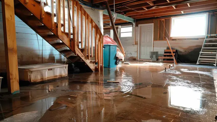 Standing water across a basement floor below the stairs in a Redmond home