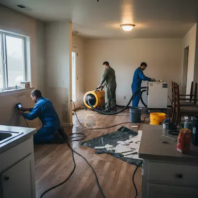 Drying team with moisture meters and equipment in a water-damaged Redmond condo