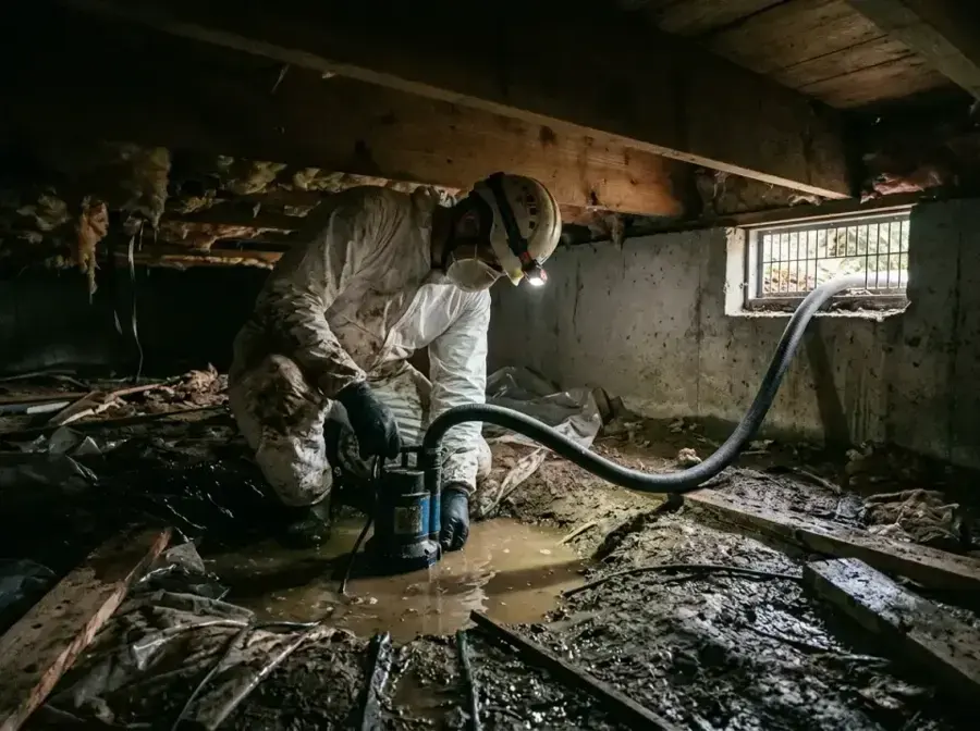 Technician in protective gear pumping water out of a muddy crawl space under a Redmond home