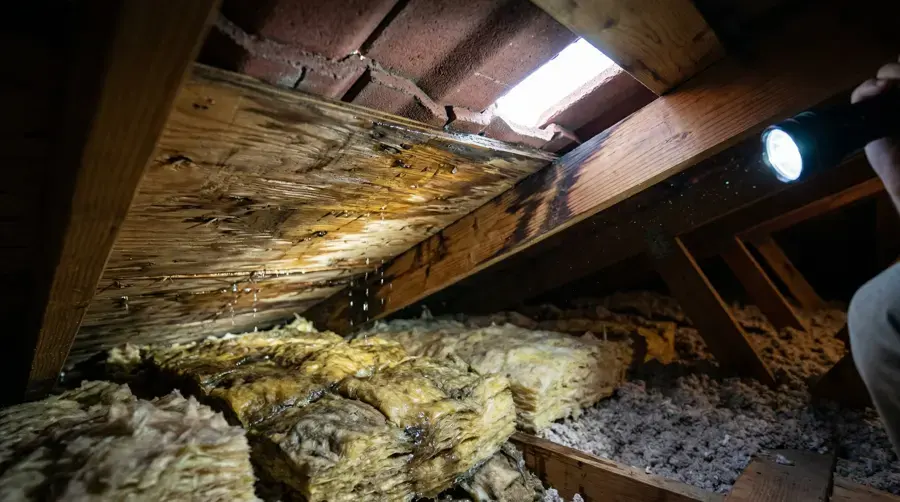 Flashlight on water-stained roof sheathing and wet insulation in a Redmond attic