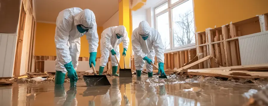 Workers in protective suits removing sewage-contaminated debris from a flooded floor