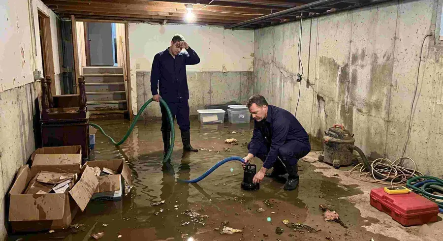 Submersible pump and hoses pulling standing water out of a flooded Redmond basement